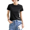 Ice-cool solid color straight-shoulder fitted round-neck cotton short-sleeved T-shirt for women, new Spring/Summer 2025 style, with a stylish inner layer and pullover top Item Picture